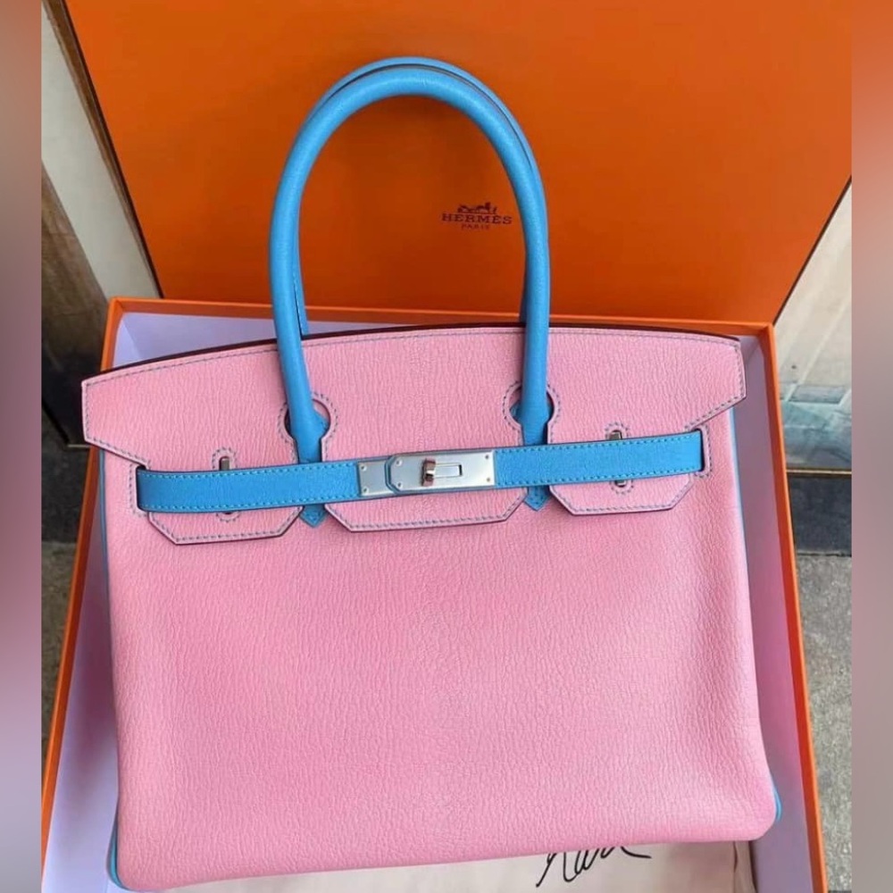 Birkin 30 Rose Confetti Bleu Azteque Chevre Bi-Color Horseshoe Bag